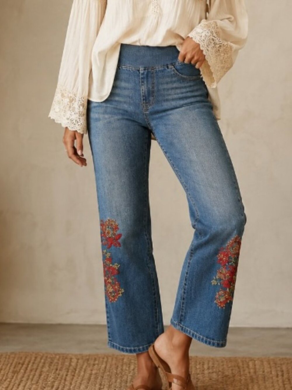 Women's Med wash stretch denim floral motif size L pull on boho